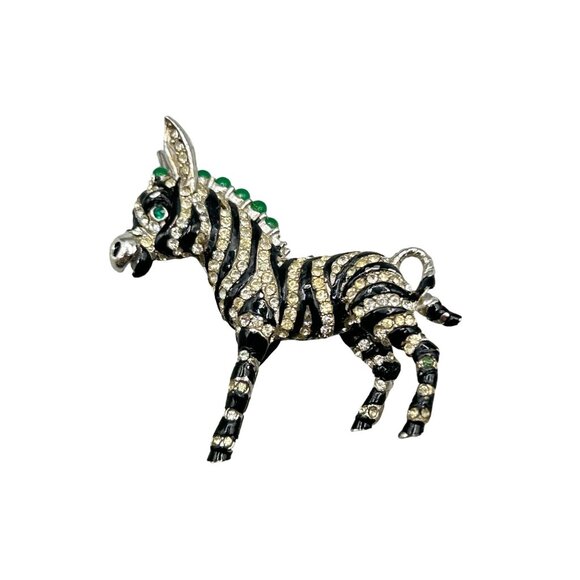 Vintage Ciner Zebra Donkey Brooch with Crystal Rhinestones & Green Accents - Picture 1 of 7
